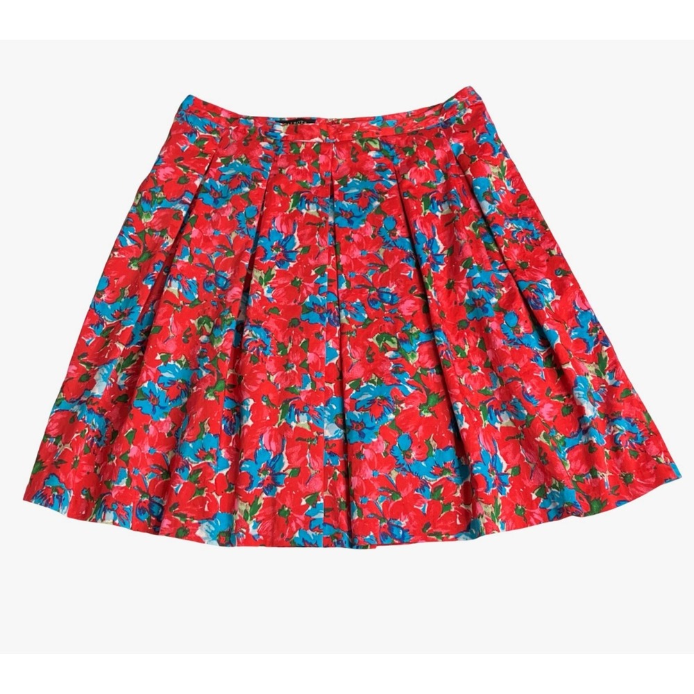 Talbots Pleated Fit Flare Skirt Womens 14P Red Floral Cottagecore Lined Cotton